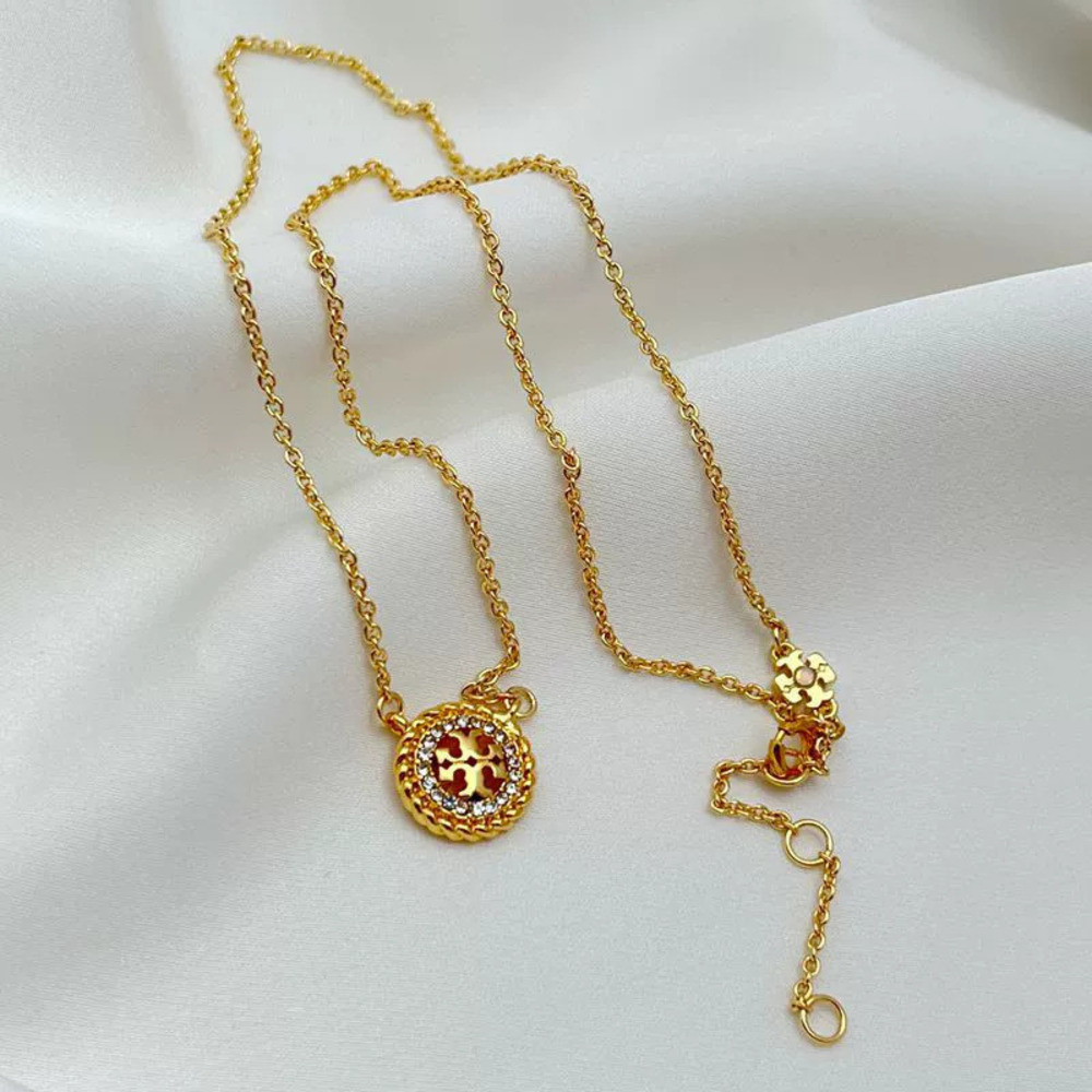 Tory Burch Gold Plated Geometric Round Openwork Letter Rope Edge Rhinestone - Picture 2 of 7
